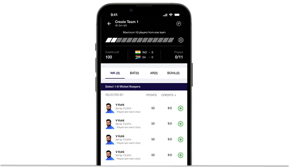 Select Playing XI Mobile Screen